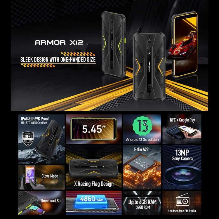 Ulefone Armor X12, Rugged Phone, Face Unlock, 5.45 inch Android 13 Go MediaTek Helio A22 Quad Core, Network: 4G, NFC Ulefone Armor X12, Rugged Phone, Face Unlock, 5.45 inch Android 13 Go MediaTek Helio A22 Quad Core, Network: 4G, NFC
